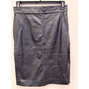 ANN TAYLOR PETITE Black Faux Leather Pencil Skirt Midi Zip Back Slit Size 8P